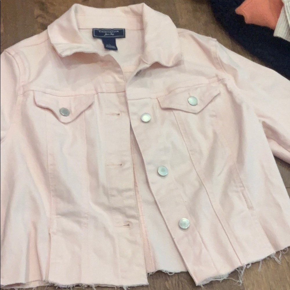 Pink cropped denim jacket